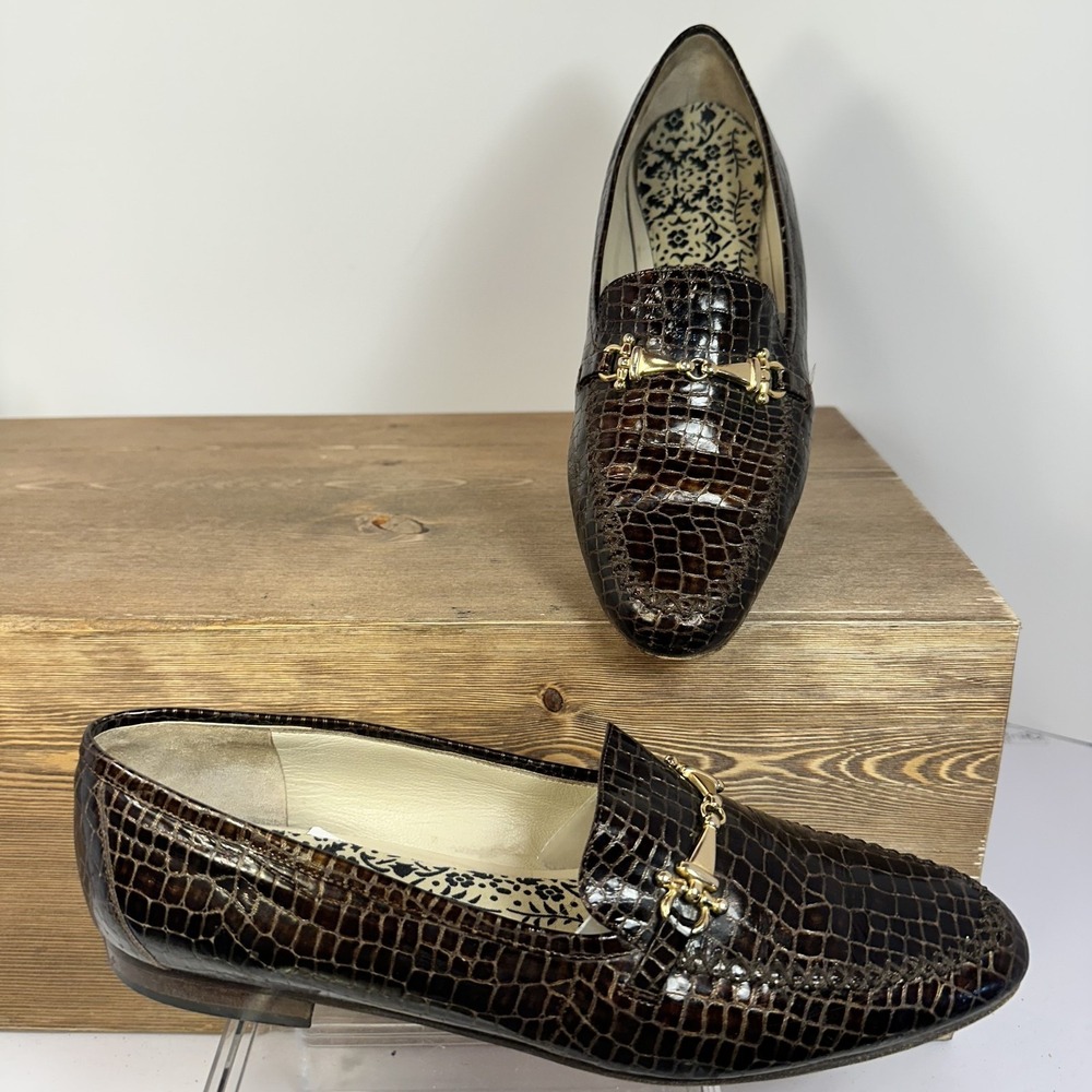 Dolly Duz Croc Embossed Leather Horse Bit Loafers SZ 9.5 AA Italy Luxe Old Money